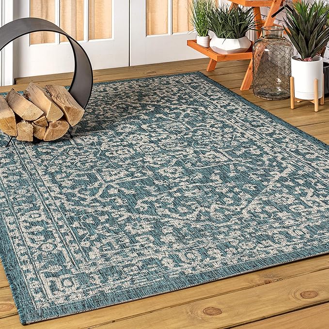 JONATHAN Y Boho Medallion Indoor Outdoor Area Rug 8X10 Teal/Gray, Malta Textured Weave for Backyard, Patio, Porch, Easy-Cleaning, High Traffic, Pet-Friendly, Non-Shedding (SMB104B-8)