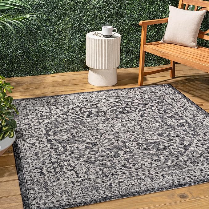 JONATHAN Y Boho Medallion Indoor Outdoor Square Area Rug 5X5 Black/Gray, Malta Textured Weave for Backyard, Patio, Porch, Easy-Cleaning, High Traffic, Pet-Friendly, Non-Shedding (SMB104C-5SQ)