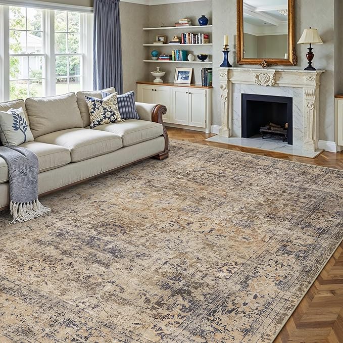 HUGEAR 6x9 Area Rug Brown Vintage Machine Washable Living Room Retro Rugs Distressed Floral Vacuumable Low Pile Carpet Bedroom Office Dining Room Laundry Room Non Slip Soft Lightweight