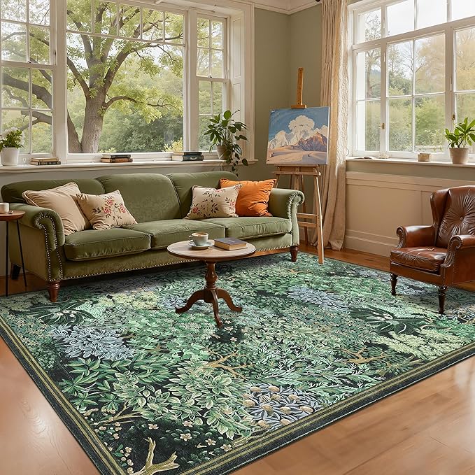 GarveeHome Forest Rugs 5x7, Blue Green Washable Area Rugs for Living Room 5x7, Botanical Low Pile Non Slip Stain Resistance Woodland Rug for Farmhouse, Bedroom, Dining Room