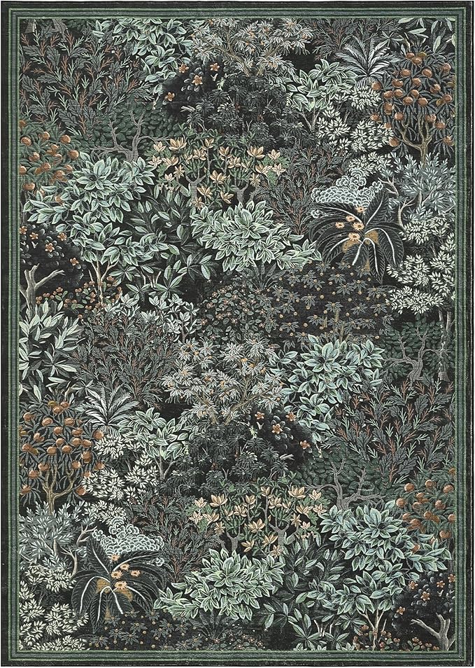 GarveeHome Forest Rugs 5x7, Black Green Washable Area Rugs for Living Room 5x7, Botanical Low Pile Non Slip Stain Resistance Woodland Rug for Farmhouse, Bedroom, Dining Room