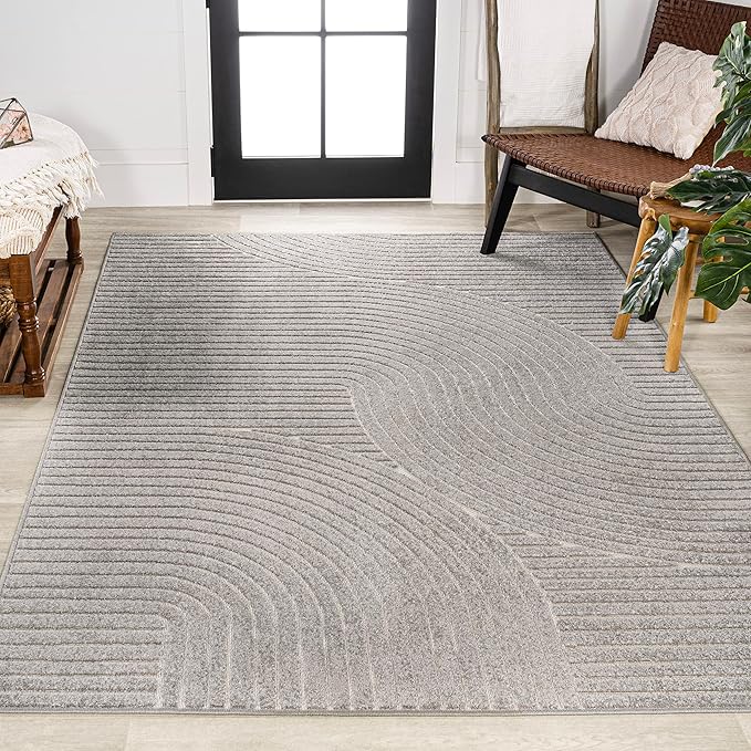 JONATHAN Y Hallie High-Low Curve Gray/Ivory Indoor/Outdoor Area Rug, 12x15, Minimalist, Pet Friendly, Non-Shedding, Stain Resistant, Hose-Washable for Backyard, Patio, Porch (SCN100A-15)