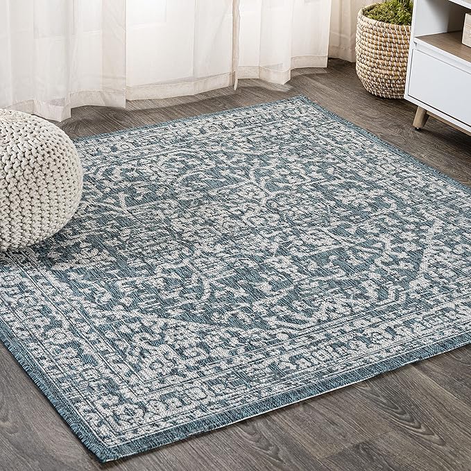 JONATHAN Y Boho Medallion Indoor Outdoor Square Area Rug 3X3 Teal/Gray, Malta Textured Weave for Backyard, Patio, Porch, Easy-Cleaning, High Traffic, Pet-Friendly, Non-Shedding (SMB104B-3SQ)