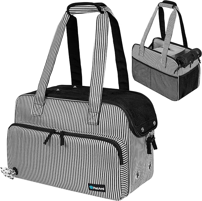 PetAmi Small Dog Purse Carrier, Soft-Sided Pet Carrier Bag with Pockets, Portable Puppy Cat Travel Handbag Tote, Airline Approved Breathable Mesh, Poop Bag Dispenser, Max 18 lbs, Stripe Black