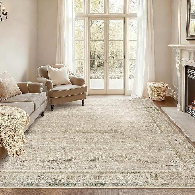 Modern Farmhouse Area Rug 5 x7 Washable Floral Earth Tone Neutral Boho Nursery Rug 5x7 for Baby Boy Bedroom,Tan Brown and Cream Beige