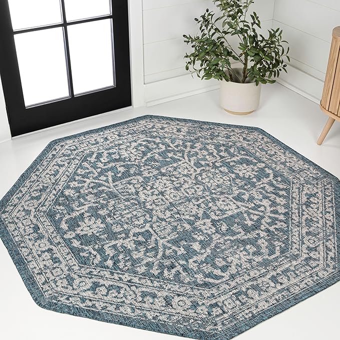 JONATHAN Y Boho Medallion Indoor Outdoor Octagon Area Rug 8 Ft Teal/Gray, Malta Textured Weave for Backyard, Patio, Porch, Easy-Cleaning, High Traffic, Pet-Friendly, Non-Shedding (SMB104B-8TGN)