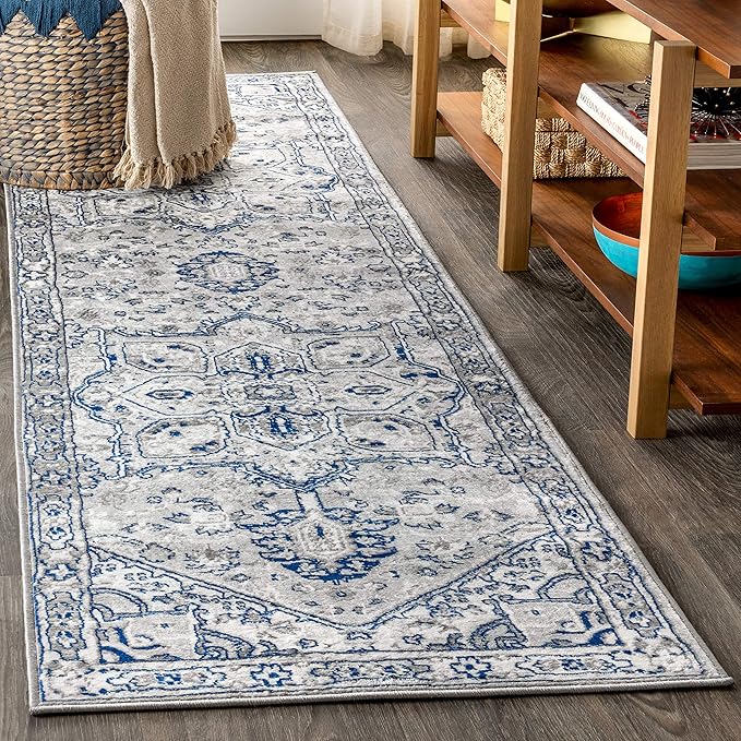 JONATHAN Y Modern Vintage Medallion Light Gray/Navy Runner Rug, 2x10, Country, Floral, Easy-Cleaning for Living Room, Bedroom, Kitchen, Pet Friendly, Non-Shedding (MDP106B-210)