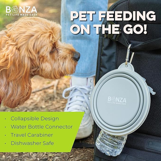 Bonza Collapsible Dog Bowls - Large 33 Oz, Dog Travel Accessories, Silicone Portable Dogs Bowl & Water Dish with Reinforced Rim & Carabiner for Hiking, Camping, and Car Trips, Navy Blue