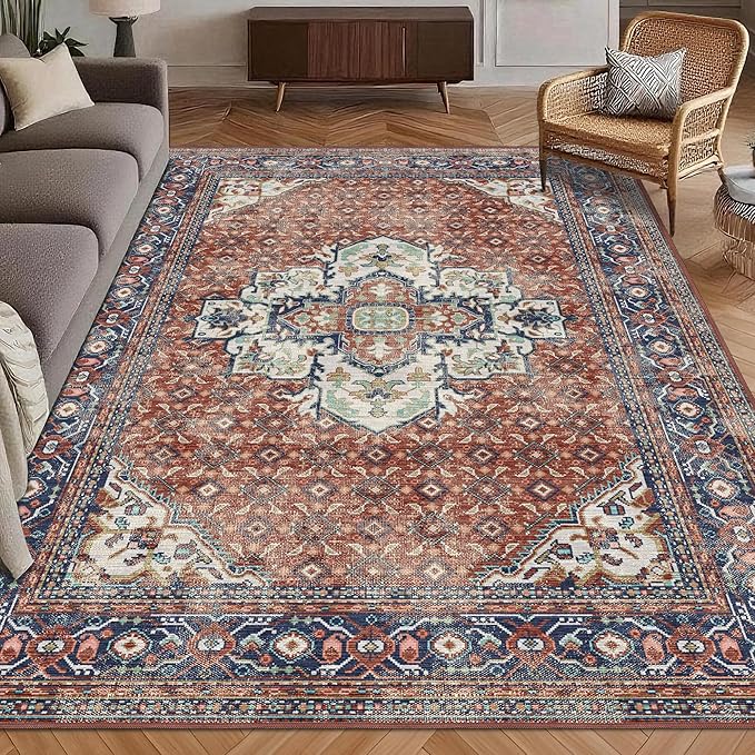 Washable Area Rug 6' x 9' Vintage Traditional Persian Mat - Foldable Distressed Non-Slip Machine Washable Carpet for Living Room Bedroom Kitchen Home Decor - Terracotta and Navy