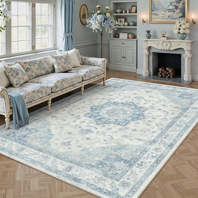 Blue Area Rug 6x9 Washable Vintage Carpet for Living Room Bedroom Large Soft Retro Low Pile Thin Indoor Rug Non Slip Oriental Medallion Floor Cover for Dining Room Office