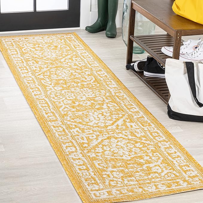 JONATHAN Y Boho Medallion Indoor Outdoor Runner Rug 2X8 Yellow/Cream, Malta Textured Weave for Backyard, Patio, Porch, Easy-Cleaning, High Traffic, Pet-Friendly, Non-Shedding (SMB104G-28)