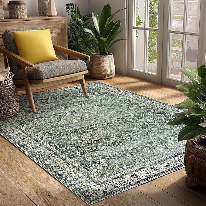 Dark Green Vintage Floral Aesthetic Area Rugs for Entryway Bedroom Low Pile Green 4x6 Boho Front Door Mat for Indoor Entrance Washable Non Slip Stain Resistant Rug for Dining Room Entry 4 x 6