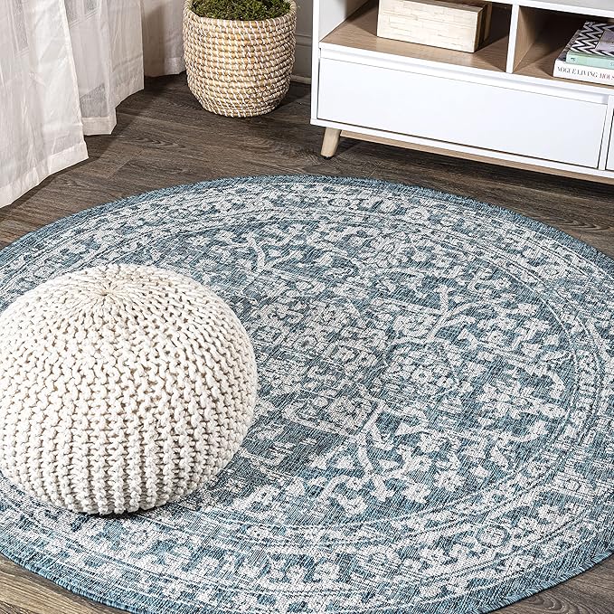 JONATHAN Y Boho Medallion Indoor Outdoor Round Area Rug 3 Ft Teal/Gray, Malta Textured Weave for Backyard, Patio, Porch, Easy-Cleaning, High Traffic, Pet-Friendly, Non-Shedding (SMB104B-3R)