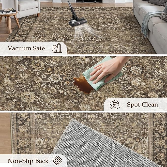 HUGEAR 2x6 Runner Rug Machine Washable Brown Hallway Area Rugs Indoor Accent Rugs Floral Mid Pile Carpet Distressed Soft Thicker Throw Rug Bedroom Office Dining Kitchen Laundry Non Slip