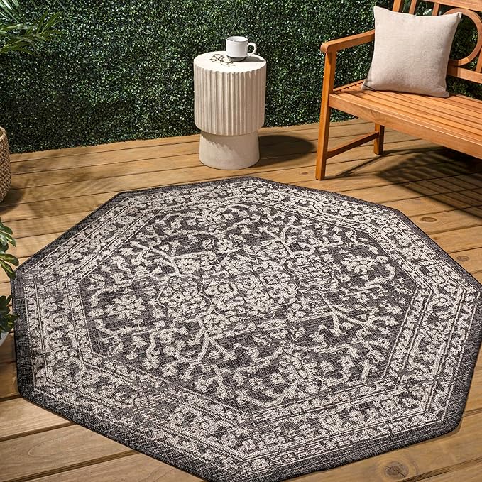 JONATHAN Y Boho Medallion Indoor Outdoor Octagon Area Rug 8 Ft Black/Gray, Malta Textured Weave for Backyard, Patio, Porch, Easy-Cleaning, High Traffic, Pet-Friendly, Non-Shedding (SMB104C-8TGN)
