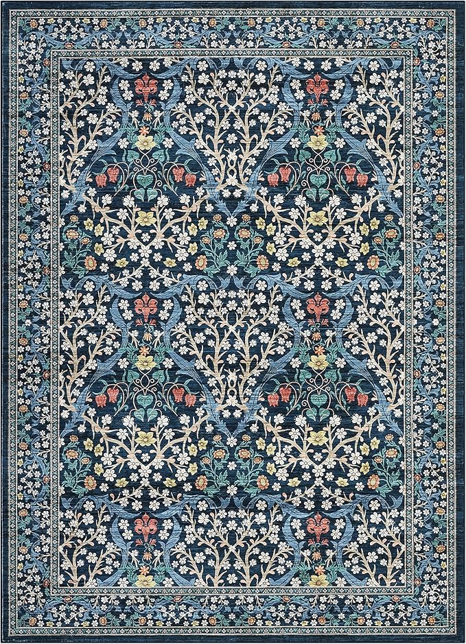 GarveeHome Washable Rug for Living Room, 9x12 Large Area Rug for Dining Room Under Table, Bedroom, Floral Soft Low Pile Non Slip Stain Resistant Carpet for Nursery, Playroom, Office, Dark Blue