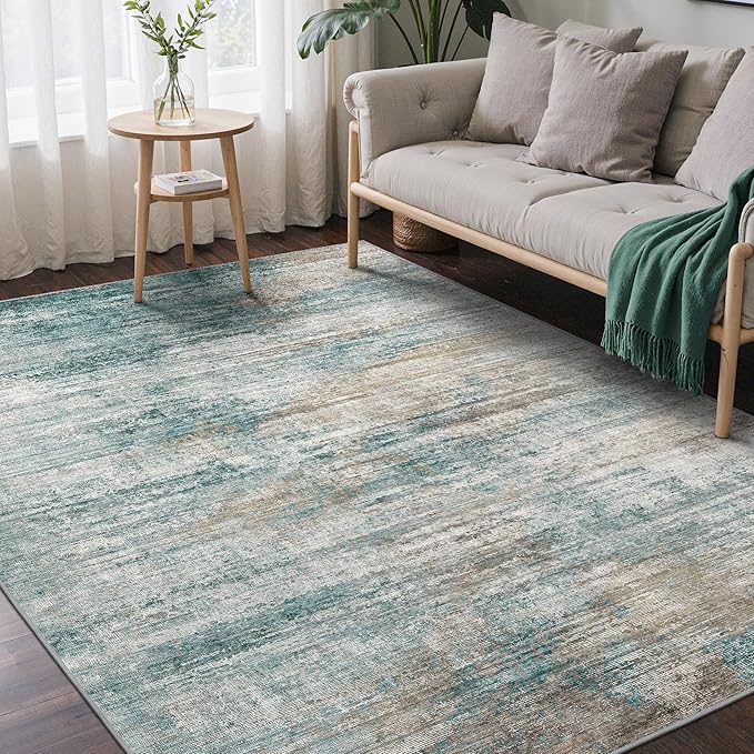 Area Rugs 5x7 for Living Room Bedroom, Modern Abstract Machine Washable Rug, Large Soft Low Pile Floor Carpet with Non Slip Backing for Dining Room, Teal/Grey