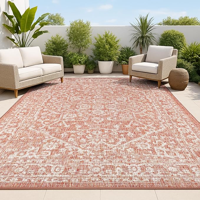 JONATHAN Y Boho Medallion Indoor Outdoor Area Rug 5X8 Red/Taupe, Malta Textured Weave for Backyard, Patio, Porch, Easy-Cleaning, High Traffic, Pet-Friendly, Non-Shedding (SMB104A-5)