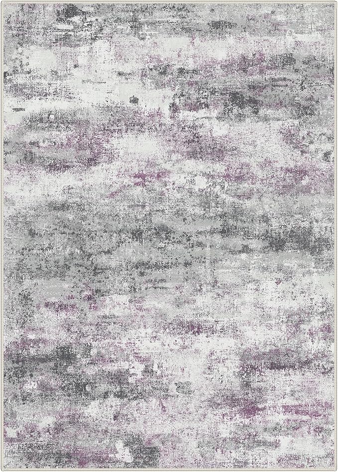 Area Rugs 5x7 for Living Room Bedroom, Modern Abstract Machine Washable Rug, Large Soft Low Pile Floor Carpet with Non Slip Backing for Dining Room, Grey/Purple