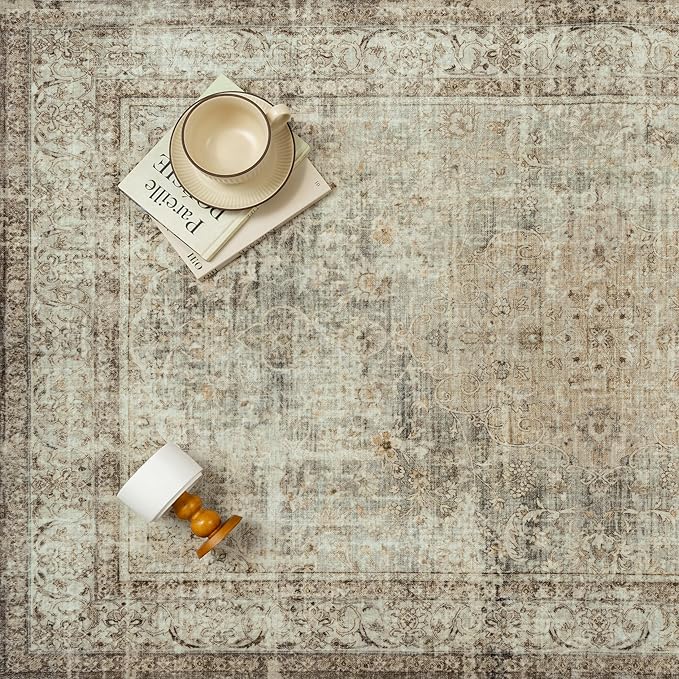 Sage Area Rug 6x9 for Living Room Washable Vintage Carpet Low Pile Non Slip Distressed Soft Traditional Retro Oriental Large Accent Throw Rug Office Bedroom Dining Room Playroom