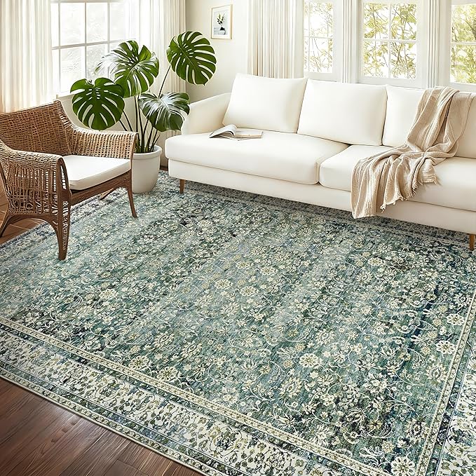 Dark Green 6x9 Area Rugs for Bedroom Low Pile Soft Moody Floral Rug with Non Slip Washable Boho Vintage Oriental Indoor Carpet for Living Room Dining Room,Hunter Forest Green