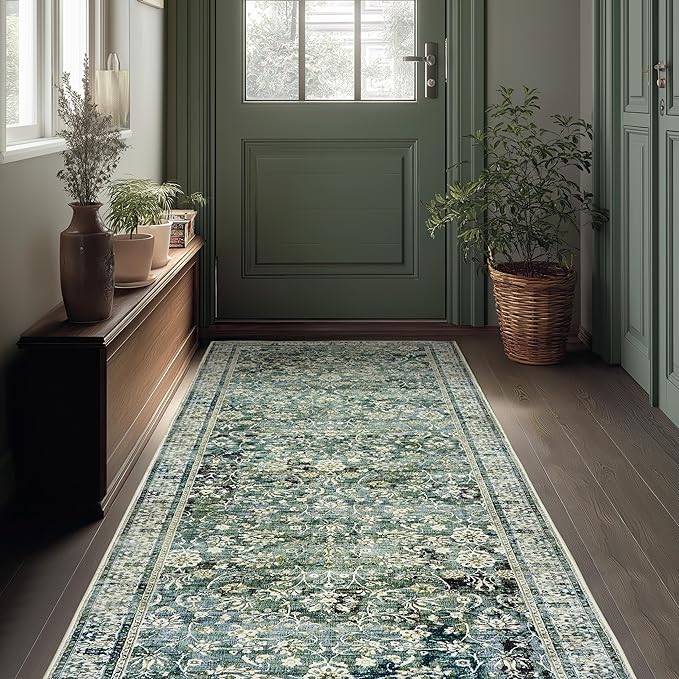 Green Washable Bathroom Hallway Runner Rug with Rubber Backing Non Slip Vintage Boho Floral Long Runners Rugs for Entryway Indoor Laundry Room Bath Floor Kitchen,2x6,24x72 Inch,Dark Emerald