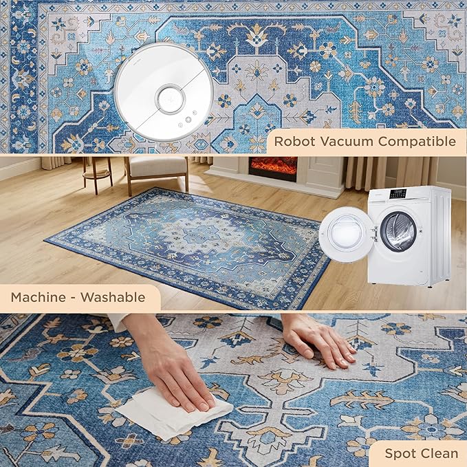 Bedsure 3x5 Area Rugs for Living Room, Machine Washable Rugs, Non-Slip Backing, Non-Shedding, Vintage Low Pile Easy Care Throw Carpet for Bedroom Dining Room, Grey