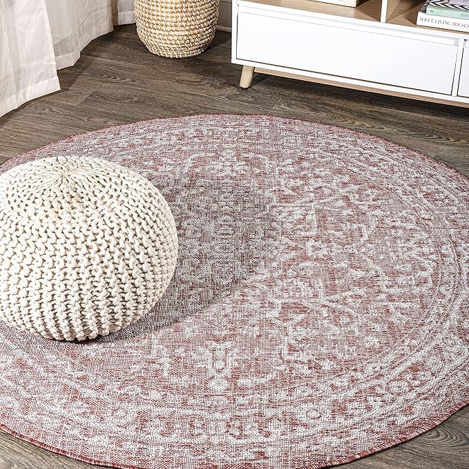 JONATHAN Y Boho Medallion Indoor Outdoor Round Area Rug 8 Ft Red/Taupe, Malta Textured Weave for Backyard, Patio, Porch, Easy-Cleaning, High Traffic, Pet-Friendly, Non-Shedding (SMB104A-8R)
