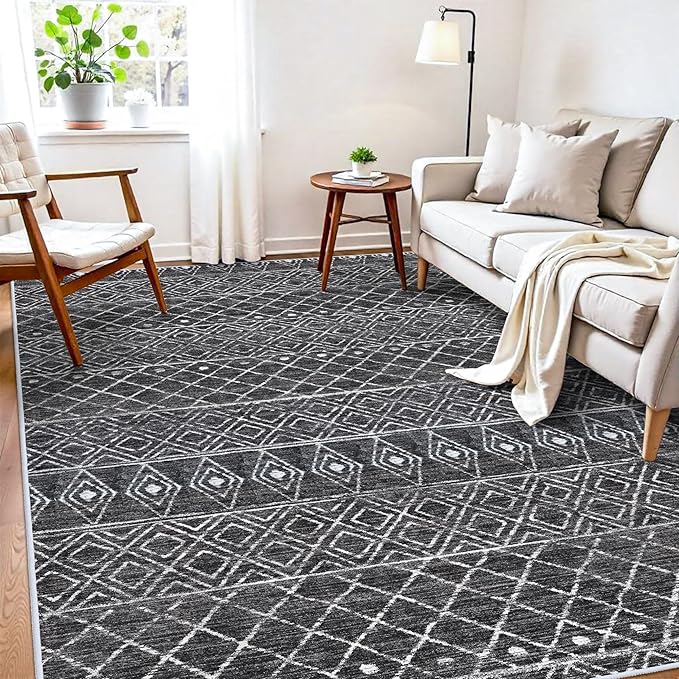 7x9 Area Rug for Living Room - Washable Rugs Moroccan Non-Slip Pet Friendly Stain Resistant Carpets for Bedroom Soft Low Pile Rug 7x9 Black