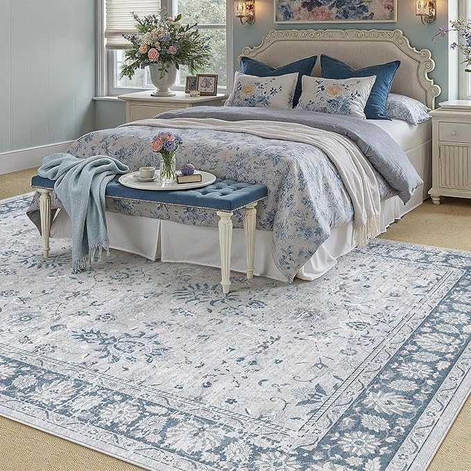 6x9 Area Rug Blue Washable Vintage Carpet Living Room Bedroom Large Non Slip Stain Soft Resistant Low Pile Thin Boho Accent Indoor Throw Rug for Dining Room Office