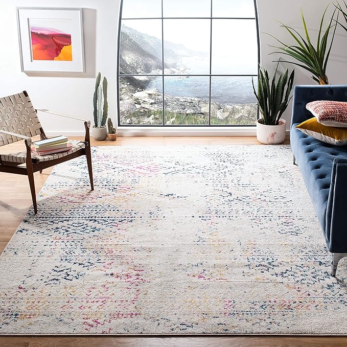 SAFAVIEH Area Rug 8x10 - Tulum Collection - Large - Ivory & Blue, Moroccan Boho Tribal Design, Non-Shedding & Easy to Clean, Ideal for Living Room, Bedroom, Dining Space (TUL272C)