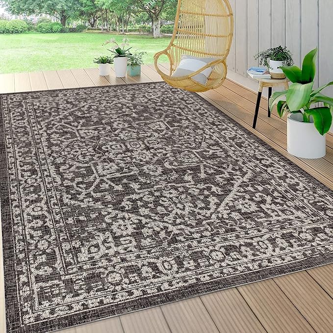 JONATHAN Y Boho Medallion Indoor Outdoor Area Rug 6X9 Black/Gray, Malta Textured Weave for Backyard, Patio, Porch, Easy-Cleaning, High Traffic, Pet-Friendly, Non-Shedding (SMB104C-6)