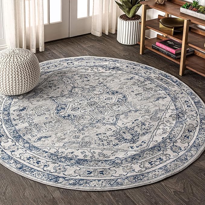 JONATHAN Y Modern Vintage Medallion Light Gray/Navy 6' Round Indoor Area Rug, Country, Floral, Easy-Cleaning for Living Room, Bedroom, Kitchen, Pet Friendly, Non-Shedding (MDP106B-6R)