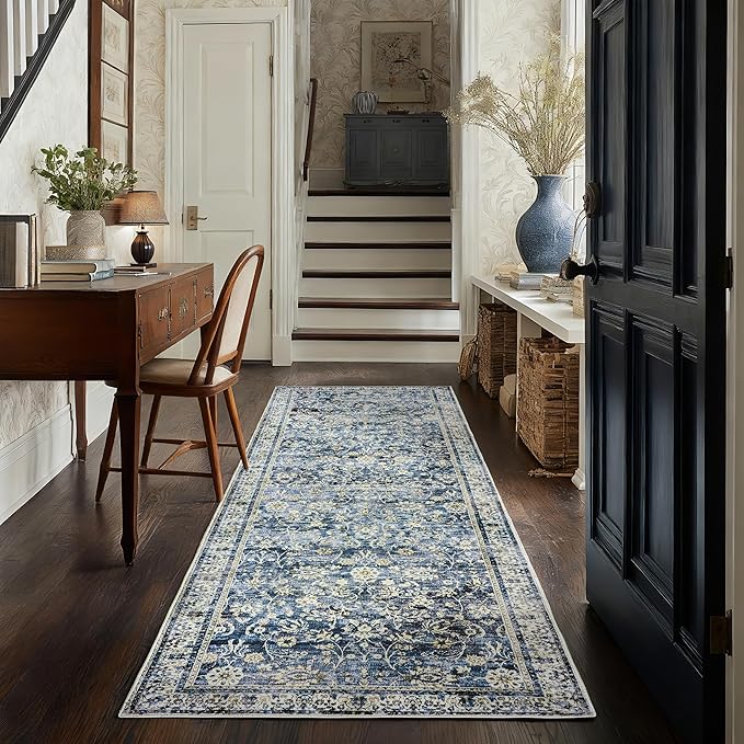 Blue 2x6 Runner Rug for Hallway Low Pile Kitchen Rugs Non Slip Washable Vintage Floral Distressed Design Carpet for Entryway Bedroom Boho Retro Dark Blue Rug for Bathroom Indoor 2 x 6