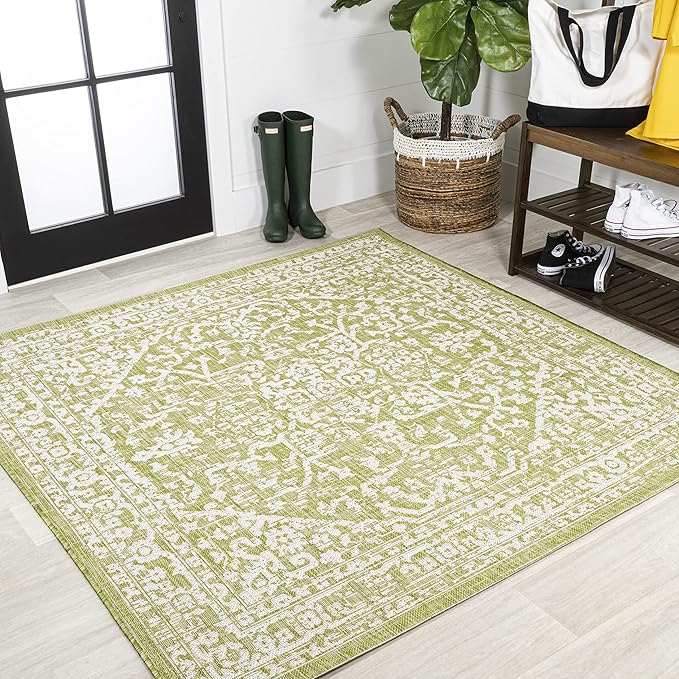 JONATHAN Y Boho Medallion Indoor Outdoor Square Area Rug 5X5 Green/Cream, Malta Textured Weave for Backyard, Patio, Porch, Easy-Cleaning, High Traffic, Pet-Friendly, Non-Shedding (SMB104D-5SQ)