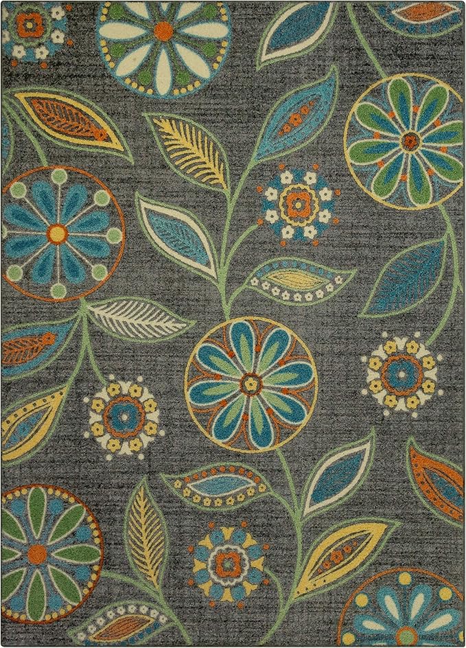 Maples Rugs Reggie Floral Area Rug - Made in USA - Low Pile, Non Slip, Pet-Friendly Mat for Living Room, Bedroom, and Office, 5' x 7', Dark Grey