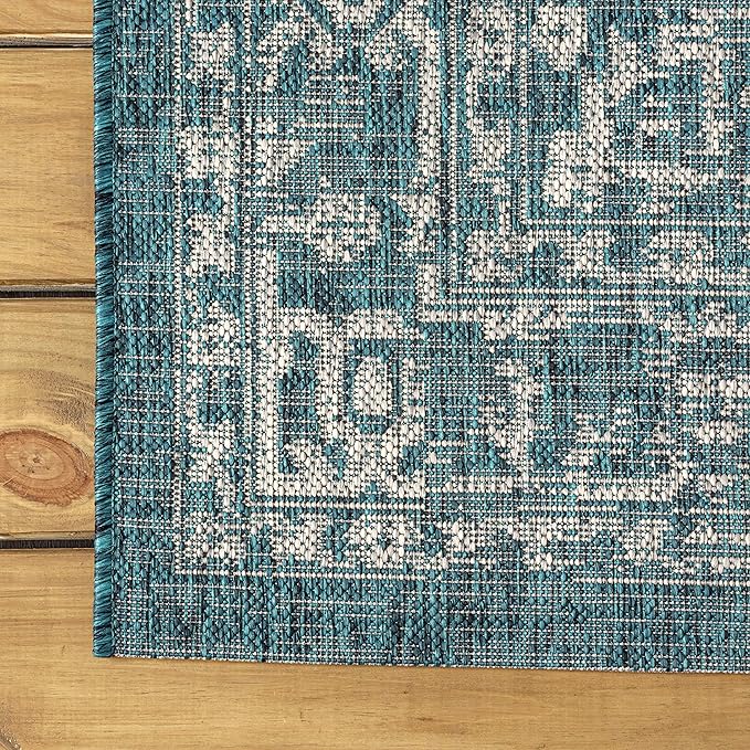 JONATHAN Y Boho Medallion Indoor Outdoor Round Area Rug 6 Ft Teal/Gray, Malta Textured Weave for Backyard, Patio, Porch, Easy-Cleaning, High Traffic, Pet-Friendly, Non-Shedding (SMB104B-6R)