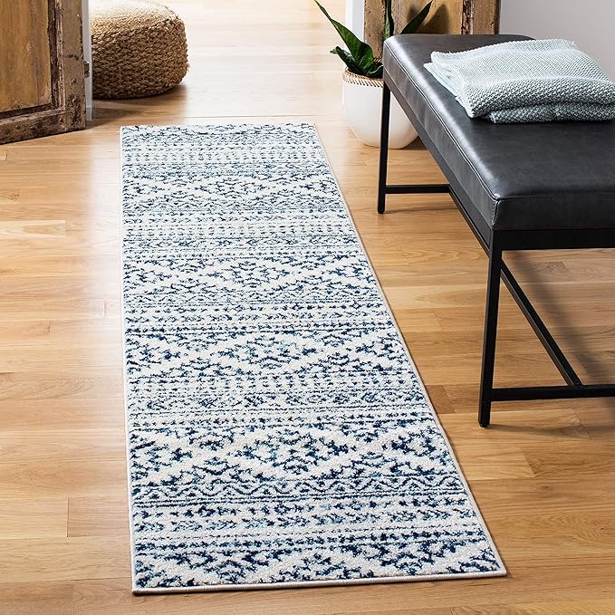 SAFAVIEH Tulum Collection Runner Rug - 2' x 7', Ivory & Navy, Moroccan Boho Tribal Design, Non-Shedding & Easy to Clean, Ideal for Living Room, Hallway, Foyer, Entryway, Bedroom (TUL272D)