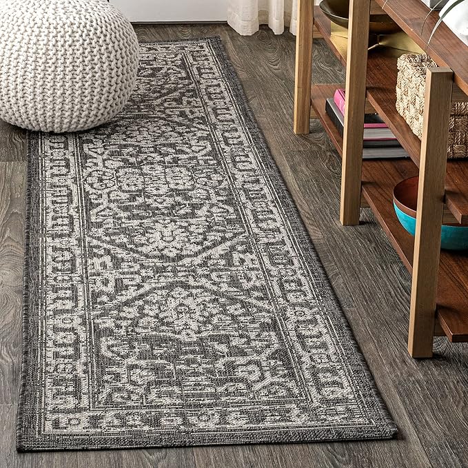 JONATHAN Y Boho Medallion Indoor Outdoor Runner Rug 2X8 Black/Gray, Malta Textured Weave for Backyard, Patio, Porch, Easy-Cleaning, High Traffic, Pet-Friendly, Non-Shedding (SMB104C-28)