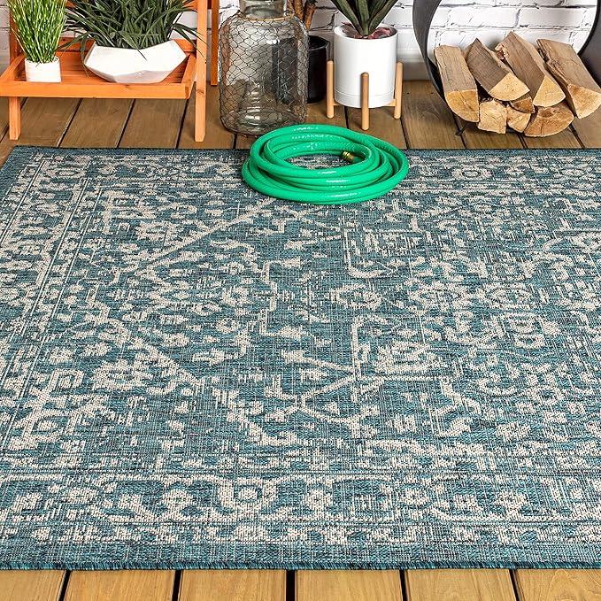 JONATHAN Y Boho Medallion Indoor Outdoor Area Rug 3X5 Teal/Gray, Malta Textured Weave for Backyard, Patio, Porch, Easy-Cleaning, High Traffic, Pet-Friendly, Non-Shedding (SMB104B-3)