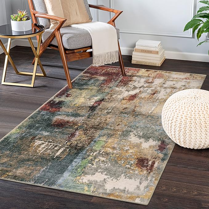 Lahome Modern Abstract Area Rug - 3x5 Washable Bedroom Rug Soft Throw Entry Mat Non-Slip, Contemporary Faux Wool Stain Resistant Floor Carpet for Living Room Kitchen Chair Door,Red/Multi