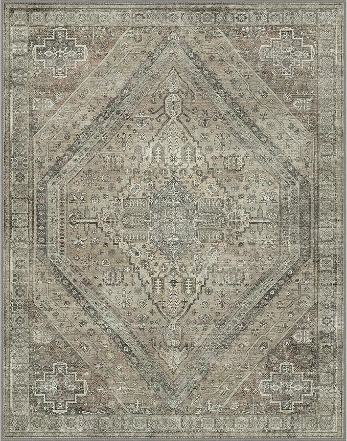 Bavni Washable Rug 6x9 Area Rug for Living Room Bedroom Dining, Washable Vintage Print Carpet, Ultra-Thin Chenille Low Pile Lightweight Rug with Non Slip Backing, Tan
