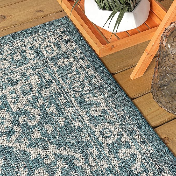 JONATHAN Y Boho Medallion Indoor Outdoor Runner Rug 2X10 Teal/Gray, Malta Textured Weave for Backyard, Patio, Porch, Easy-Cleaning, High Traffic, Pet-Friendly, Non-Shedding (SMB104B-210)