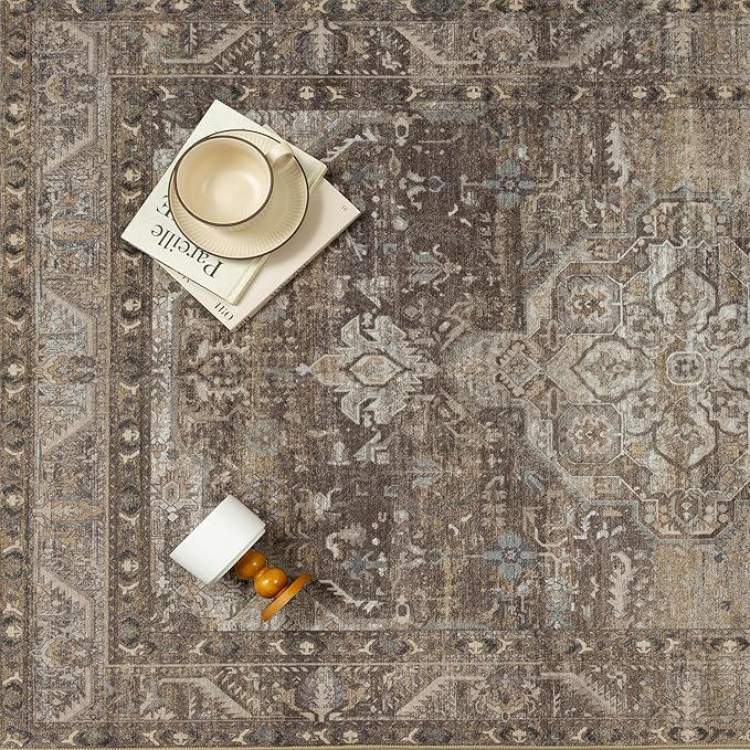 8x10 Brown Washable Vintage Area Rug for Living Room Bedroom Non Slip Distressed Traditional Soft Large Throw Rug Low Pile Lightweight Floral Carpet Office Classroom Dining Room