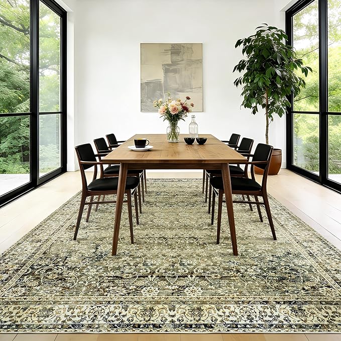 Washable 6x9 Area Rugs for Bedroom Aesthetic,Cozy Soft Neutral Distressed Floral Dark Olive Green Decor Vintage Boho Rug for Living Room Bed Room Dining Room