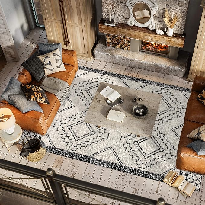 JONATHAN Y Amir Moroccan Beni Souk Cream/Black Indoor Area Rug, 8x10, Bohemian, Scandinavian, Easy-Cleaning for Living Room, Bedroom, Kitchen, Pet Friendly, Non-Shedding (MOH200A-8)