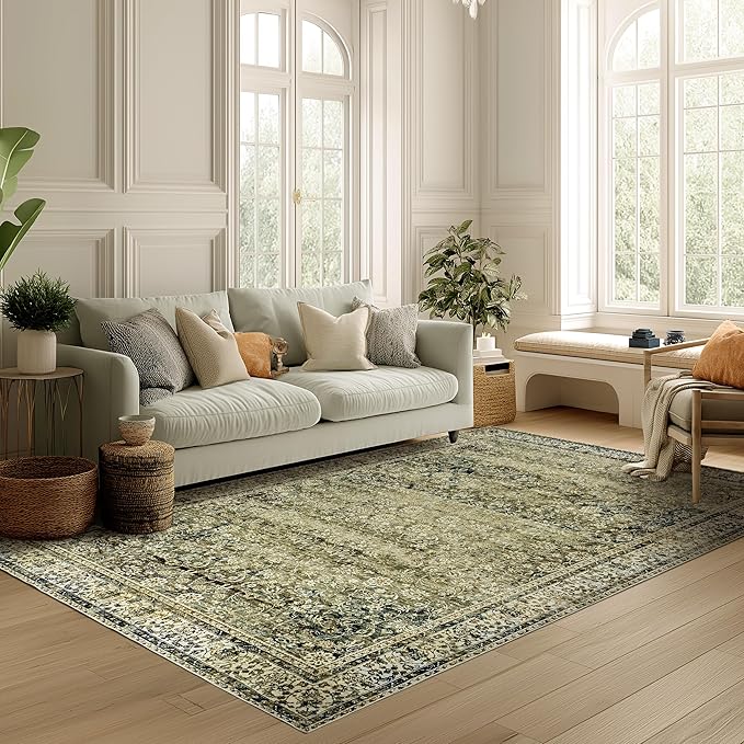 Olive Green Boho Area Rug 5 x7 for Living Room Washable Non Slip Low Pile Stain Resistant Rubber Backed Cottagecore Neutral Bedroom Nursery Rugs 5x7
