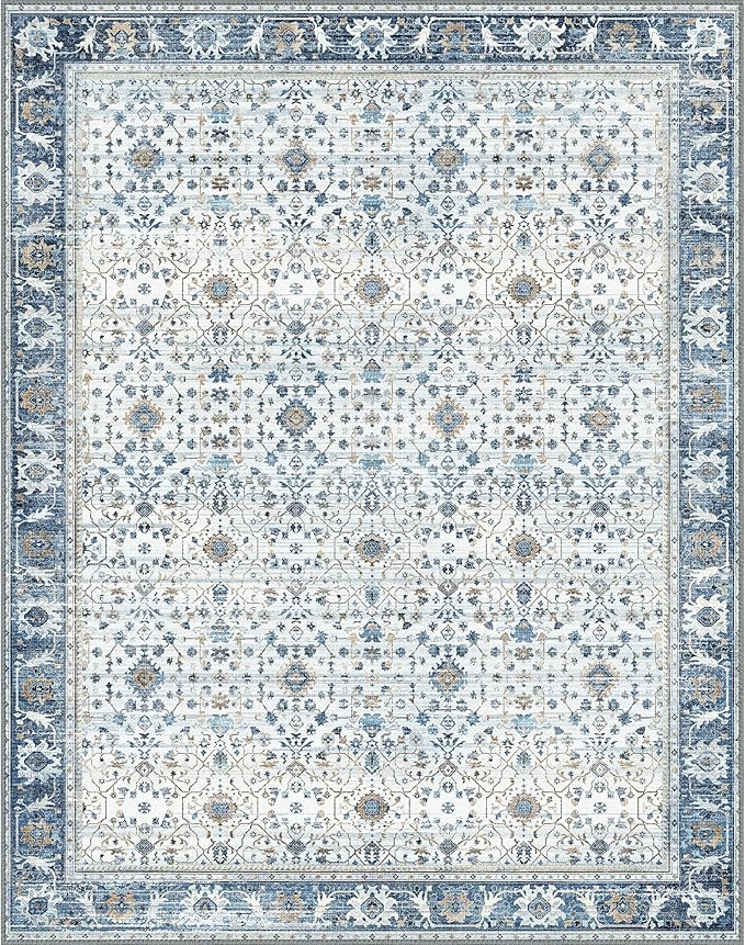 GENIMO Machine Washable 6x9 Area Rugs for Living Room, Non Slip Vintage Rugs, Low Pile Lightweight Chenille Print Rug for Bedroom, Dining Room, Home Office, Retro Light Blue