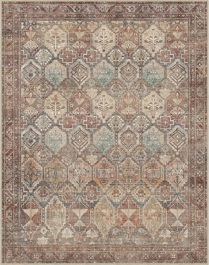 Bavni Washable Rug 3x5 Area Rug for Living Room Bedroom Dining, Washable Vintage Print Carpet, Ultra-Thin Low Pile Lightweight Rug with Non Slip Backing, Reddish Brown