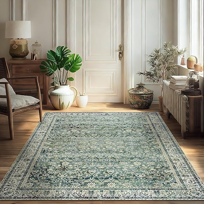 Dark Green Vintage Floral Aesthetic Area Rugs for Entryway Bedroom Low Pile Green 4x6 Boho Front Door Mat for Indoor Entrance Washable Non Slip Stain Resistant Rug for Dining Room Entry 4 x 6